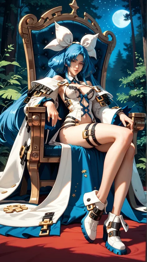 Sexy Dizzy de guilty gear, UHD,  in a forest at night, A starry night in the background , full body, pose sexy,  looking at the spectator,  Plano lingerie,  sitting on a throne,