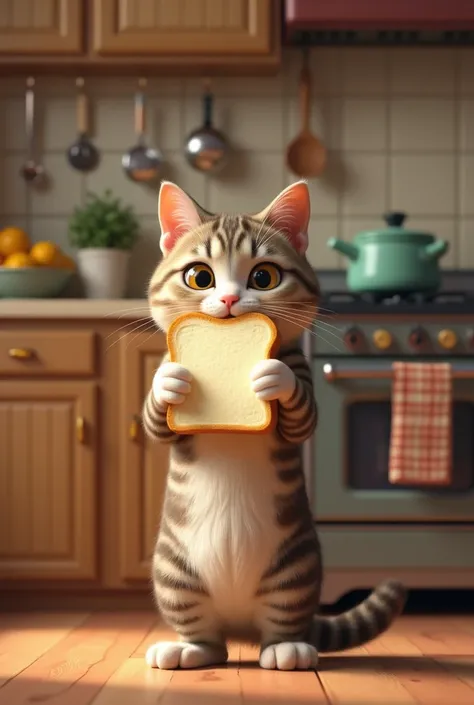 Cat holding sandwich bread in kitchen