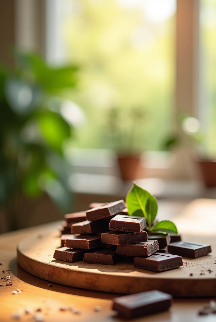 organic dark chocolate ads、 The scene is bright and inviting  ,  natural wood table and morning light shining in .  The image focuses on healthy fats in the diet , Natural tones 、 creating a sense of health and balance .