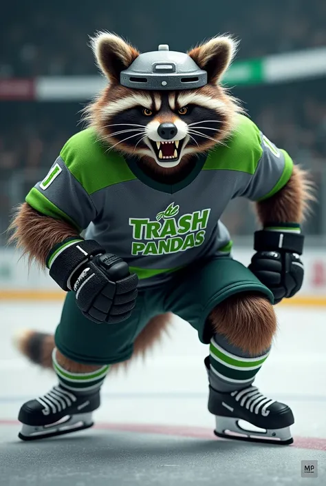 Create an image of an angry, buff Raccoon playing hockey. He wears a grey and bright green jersey of a team called, “The Trash Pandas.” He also wears a trash can lid for a helmet