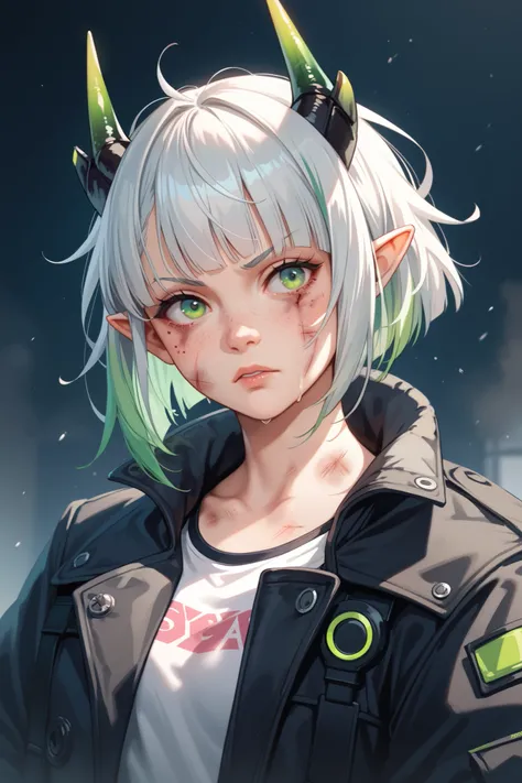 Portrait of an adult dragon girl after a fight, injured and bruised, looking at the camera, messy short white hair with light green highlights, wears a big and long black closed cyberpunk coat jacket, curious expression, pale skin with freckles, green eyes...