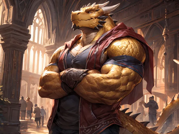 (golden scales:1.3), (golden fur), dragon, solo, in museum, calm expression, stare at dragon statue, stylish sweatshirt, standing with crossed arms, masterpiece, (16K), HD, Various facial details, detailed background, very detailed, dynamic poses, Eyes det...