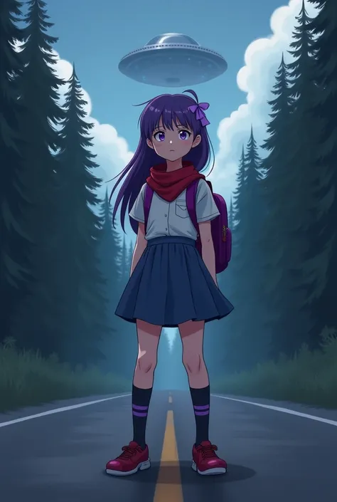 Create full-body art movie style image, Of a white teenage American girl , deep purple hair,  long and smooth hairstyle to the side with a purple ribbon on the back ,  purple eyes,  white collar shirt with short sleeves , Red explorer scarf , blue skirt, p...