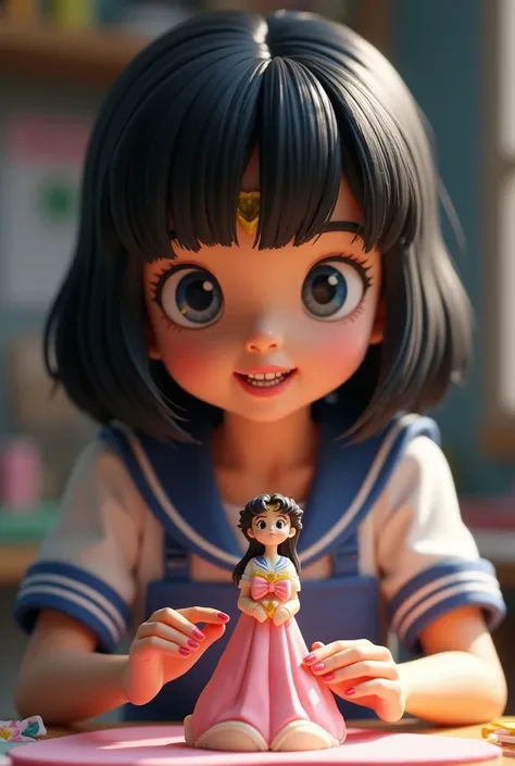 Pixar teenage woman straight black hair up to the shoulder matte skin wears braces modeling a sailor moon in plasticine 