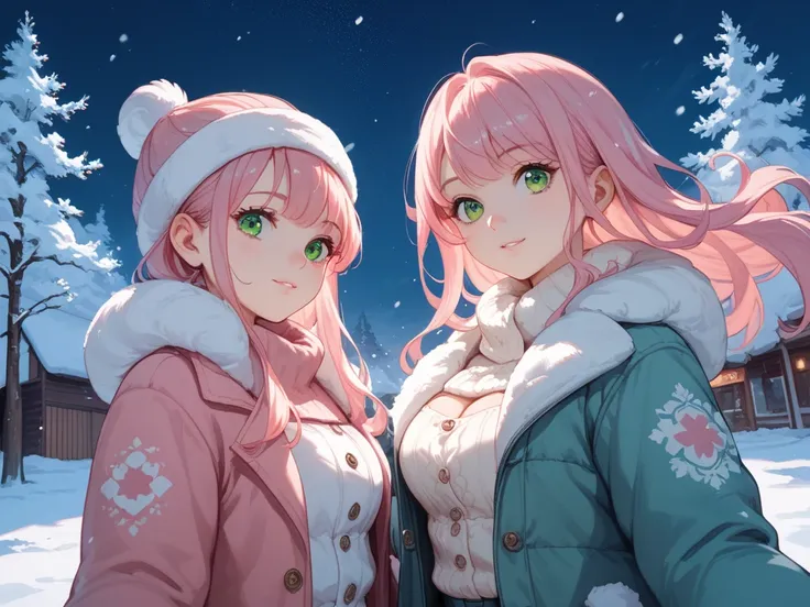 pink hair anime girl touching the screen, long hair, green eyes, cozy winter outfit, outdoor, snow, perspective, high movement, night, large chest,  tight up art obra-prima, melhor qualidade, 