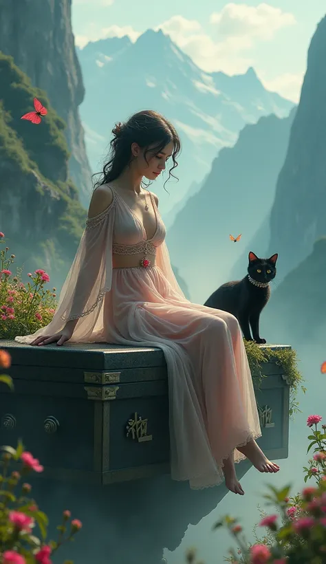 A flirtatious and delicate woman sits on a strange and mysterious coffin，The coffin hangs in the middle of the air ，女子穿着Fairy air长裙， in the cool pose of a woman ， She holds a red rose in one hand ，A weird smile， and a delicate, chubby little black cat sitt...