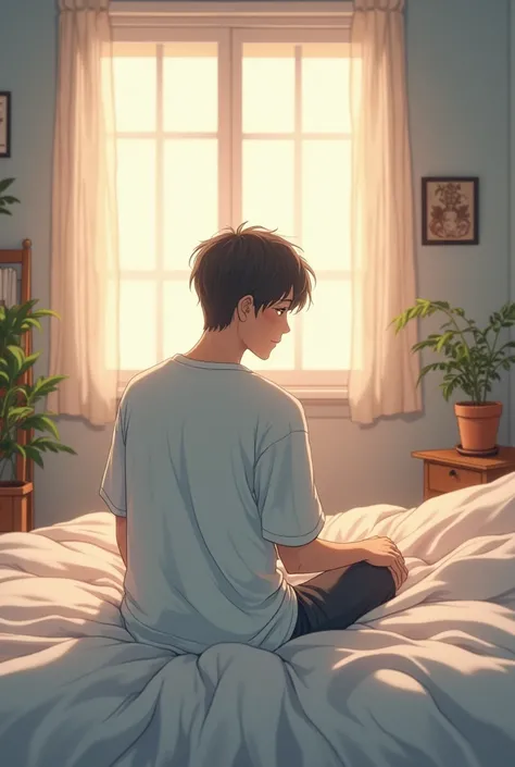 Husband waking up sitting on the bed anime