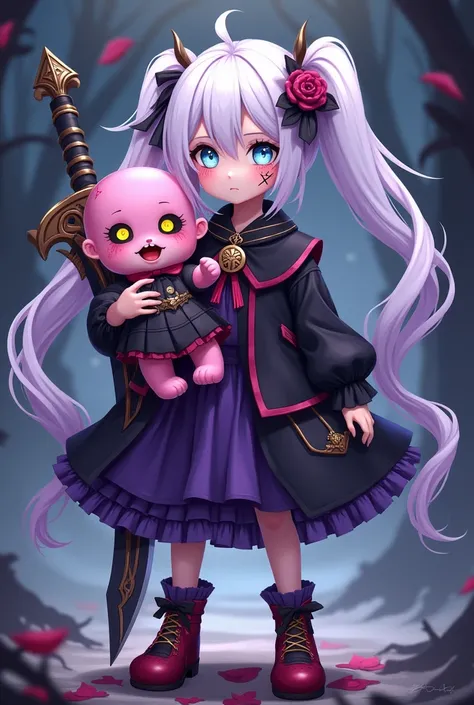 Appearance:
White and purple long hair with twin tails.
Blue-yellow glowing eyes.
Innocent and cute face with stitched wounds on the body.
Black and purple clothing with gold and red details.
Red and gold shoes.
Possesses a large pink doll with a menacing ...