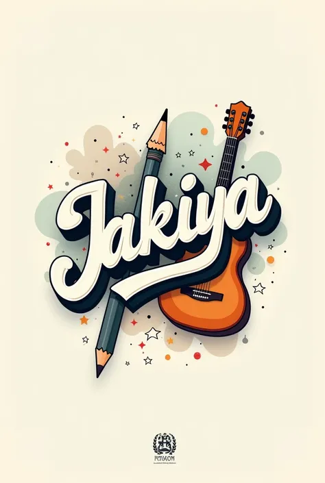 "A beautiful English name. JaKIYA. .design with bold and thick letters. The name should be stylish, with artistic, elegant fonts. Beside the name, include a pencil and a guitar in a harmonious composition. The design should look modern and clean, with a ba...