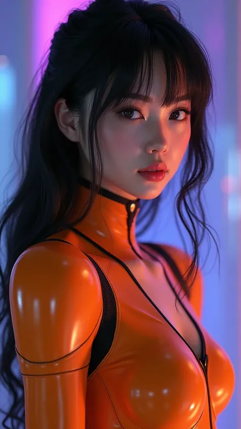 (Qingxu_fotografía realista de retratos de belleza asiática_v11), (Qingxu_fotografía realista de retratos de belleza asiática_f.11), live-action、real、((metroid: Samus Aran)), ((black hair),  leggings Lycra fitted orange color , (( Moderate bust )), ( Prett...