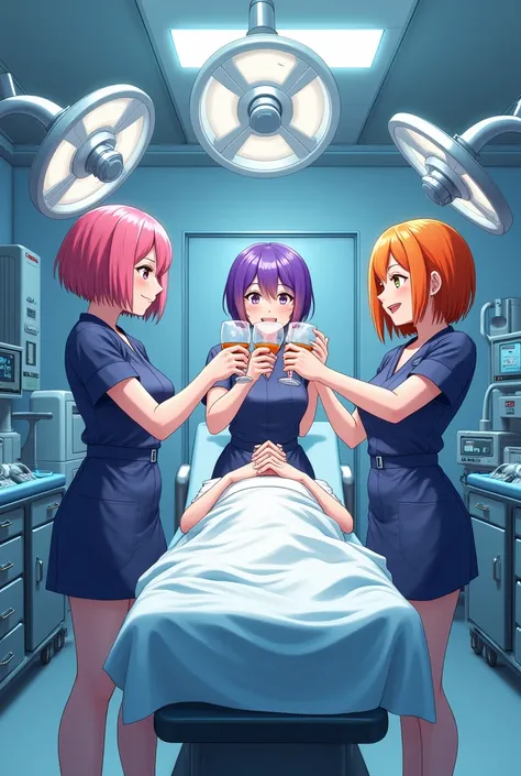 Three women instruments, one with short pink hair, the other with violet highlights and the other with orange hair in an operating room toasting on the stretcher 