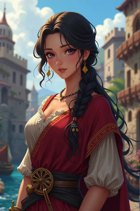  top quality,  Masterpiece,  highest resolution，（Fisherman Town_background），smug face，pirate_woman，Ancient Rome， anime style, （4K）, Alone， ((whole body)) ，  looking at camera,  hyperdetail, ( intricate details ),