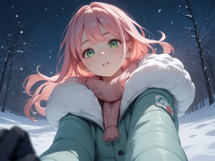 pink hair anime girl touching the screen, long hair, green eyes, cozy winter outfit, outdoor, snow, perspective, high movement, night, large chest,  tight up art 