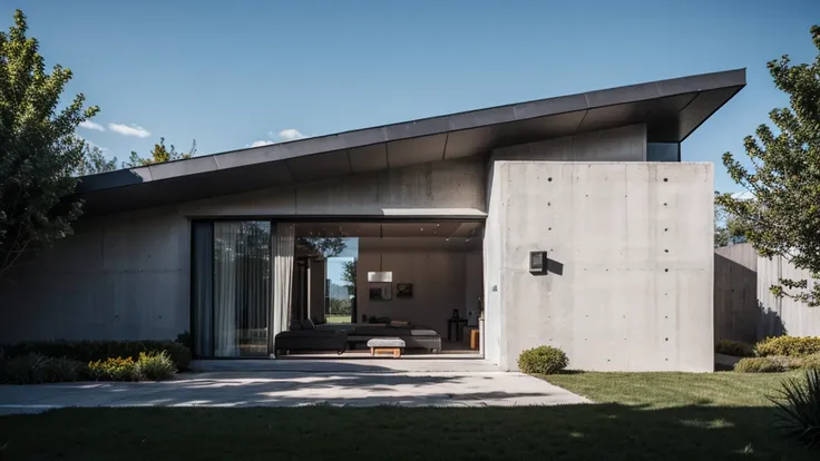 ultra-realistic,photorealistic,Masterpiece, professional, Top quality, High resolution, high detail, perfect detail,,best quality,"photorealistic,,a modern concrete house, showcasing a minimalist architectural style.  The structure features a curved, L-sha...