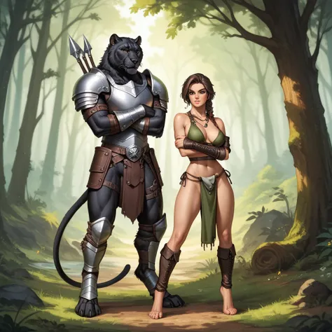  (Anthro female black panther), ((black and grey fur)), digitigrade legs, furry covered body, black skin, medium large breasts, sexy body, clevage visible, fantasy magical forest background, leaning next to a tree, one tail, frontal view, ((cloth breastpie...