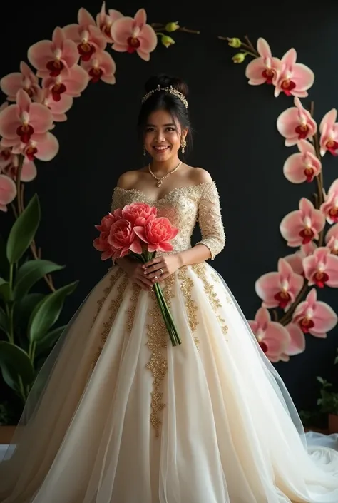 Real picture,  a beautiful young woman chubby Indonesian smile ,hair Messy Bun , wears a bone-white and golden wedding dress, dynamic pose,holding a flower of Napoleon ,Black Ber Wall Sticker Orchid Flower, hipperealistis full HD 