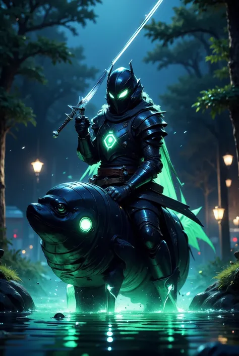 A knight in black armor with neon green glowing edges, riding a giant black betta fish, holding a two-handed sword, descending slowly into a pond. Surrounded by glowing trees, night theme, with a cyberpunk glowing-in-the-dark aesthetic.