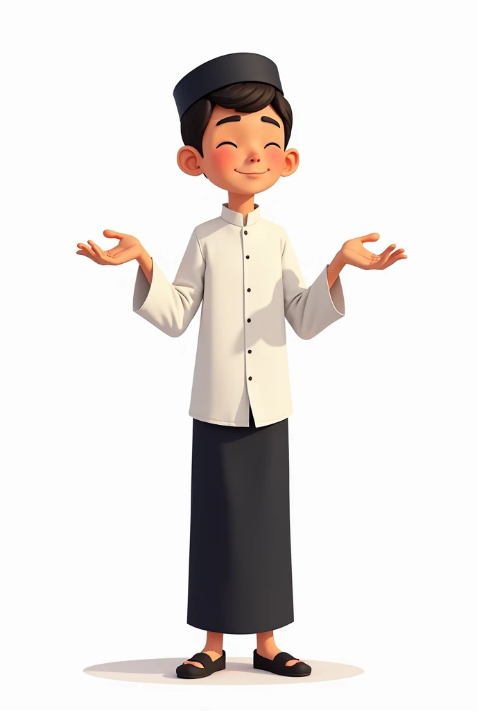 A high-definition, clear, and sharp illustration of a young male Muslim student (santri) in a detailed 2D aesthetics cartoon art style. The character is shown standing confidently, wearing traditional Muslim attire: a crisp white shirt, a neatly draped bla...