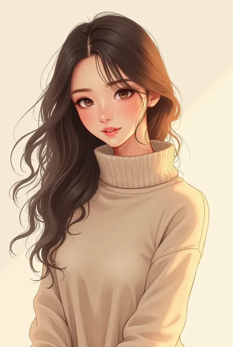  young woman、 turtleneck 、Delicate hair、 beautiful smile、Illustration