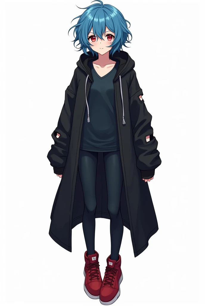 Teenage anime woman has messy blue hair and large and expressive reddish color and with a black hood attached to a long torn coat and dark V-neck t-shirt with dark tight pants and red sneakers that stand out from the rest of the outfit: full front and full...