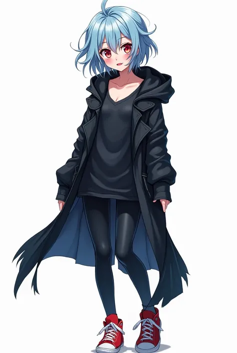 Teenage anime woman has messy light blue medium length hair and large and expressive reddish color and with a black hood attached to a long torn coat and dark V-neck t-shirt with dark tight pants and red sneakers that stand out from the rest of the outfit ...