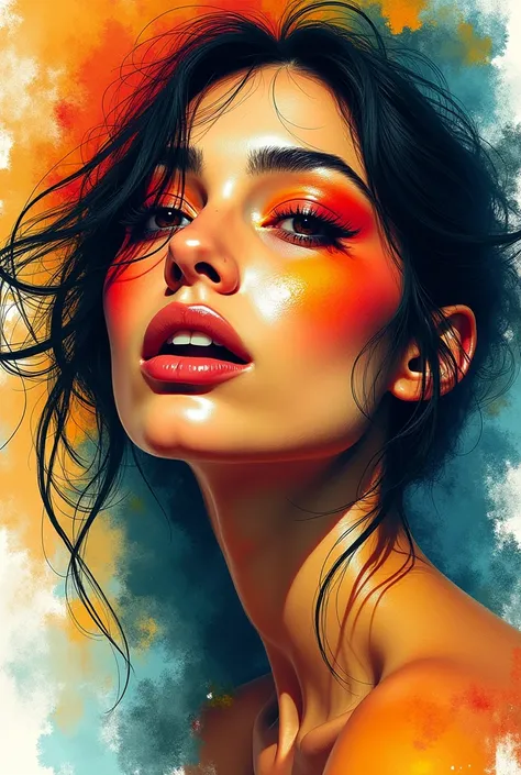  A photograph of a vibrant and expressive abstract portrait of a woman .  The womans face is painted with bold brushstrokes and flowing ink textures .  Her extremely beautiful face is illuminated with warm shades of orange , red and yellow,  with cooler bl...