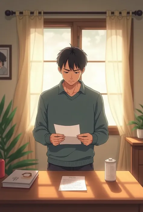 Husband reading the note on the table in a new anime