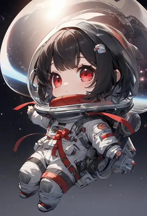 (masterpiece,  top quality: 1.3), (chibi style:1.3),  girl, red eyes,  short hair,   black hair、 red ribbon,  Get on , (UFO in a black spacesuit ), Space Background,  simple background,   high detail ,  high resolution image