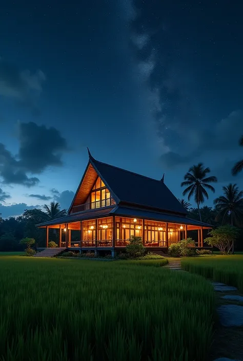 Realistic wooden house, a knock-down house, a luxurious traditional Thai style house located in the middle of a lush green rice field. The house has a gable roof and is raised high. There is an open veranda with comfortable seating. The lights inside the h...