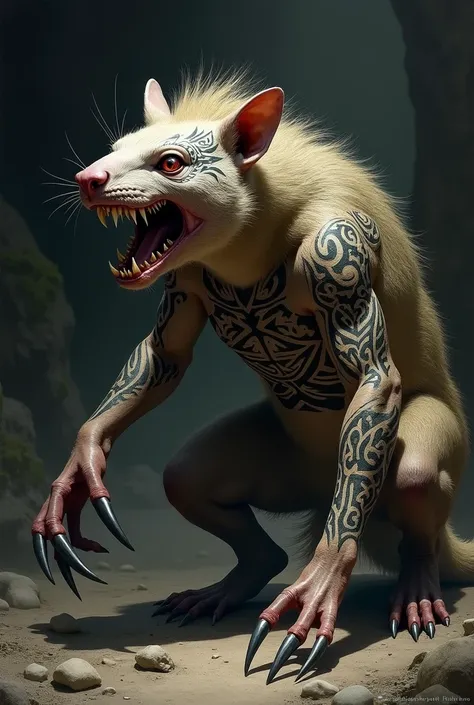 rodent, with long iron claws, color, With Maori , tattoos, And with a wicked look