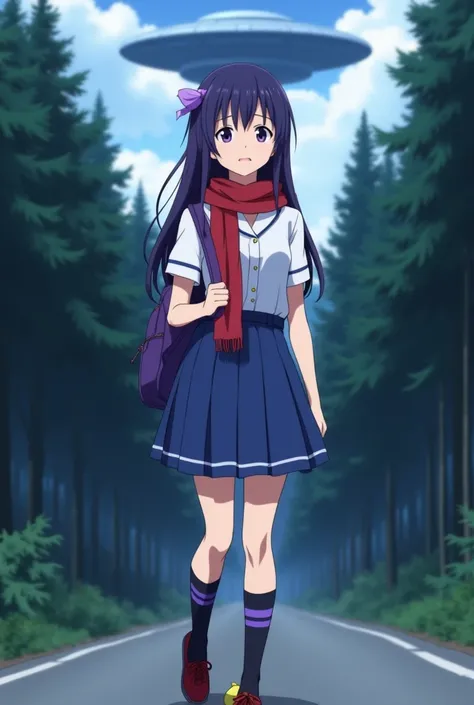  creating full body image in the art anime movie style , of a white teenage girl , deep purple hair,  long and smooth hairstyle to the side with a purple ribbon on the back ,  purple eyes,  white collar shirt with short sleeves ,  red explorer scarf tied a...