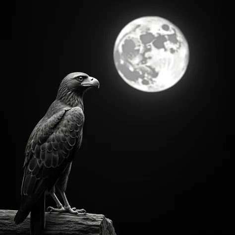 Skeleton Hawk, black and white staring at ,  big moon on dark background