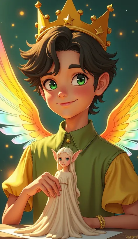 Ghibli . Latino male teenager ,  with smooth brown hair with a split on the left side,  with deep moss green eyes ,  with angel wings with symmetrical rainbow colors,  studio style drawing with crown made of stars and princes yellow and green clothes,  his...