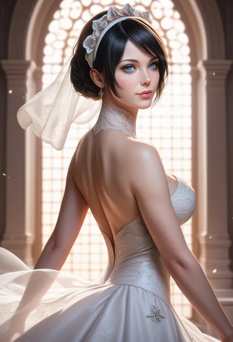 a beautiful, realistic, detailed 2B from NieR:Automata, intricate detailed face, glowing blue eyes, long black hair, detailed skin texture, ornate headdress, white dress, detailed folds and creases, elegant pose, dramatic lighting, cinematic angle, photore...