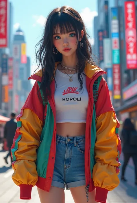 a stylish girl in bright daylight shibuya, beautiful detailed eyes, beautiful detailed lips, extremely detailed eyes and face, long eyelashes, T-shirt with colorful jacket, miniskirt, beautiful blue eyes, realistic idol, full body portrait, best quality, 4...