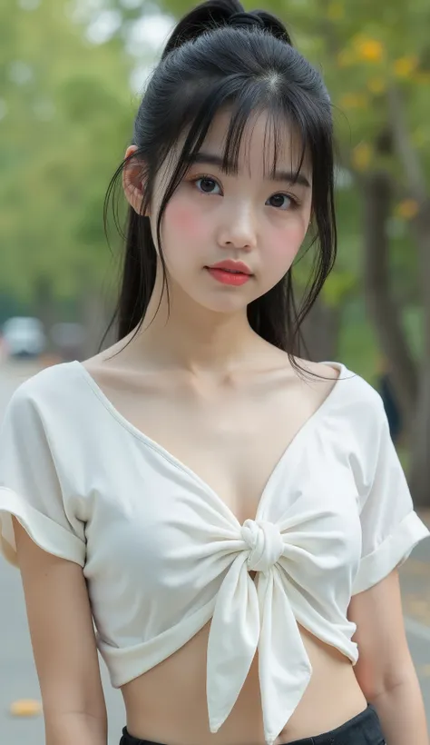 Full body photo, of a young girl, petite Asian but big breasts, black hair tied up, bow tie, fair skin, wearing a white crop top with short sleeves, loose top showing chest, short hem, cropped waist, showing smooth belly, wide neckline showing beautiful cl...