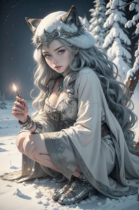 (((best quality))),(((ultra detailed))),(((masterpiece))),illustration, 1girl, werewolf, enchanting, mysterious, silver moonlight, snowy wilderness,Wolf head hat,Wolf fur coat, silver decorations,wolf fur pants, athletic legs, green eyes, determined, flowi...