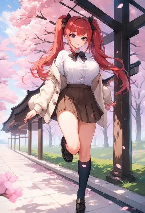 Red hair. twintail, black ribbon, brown short skirt, white cardigan, black eyes, long eyelashes, big breast, long legs, smiling, cherry blossom, long socks, black casual shoes, perfect eyes, perfect face, colorful, walking in the park, masterpiece, looking...