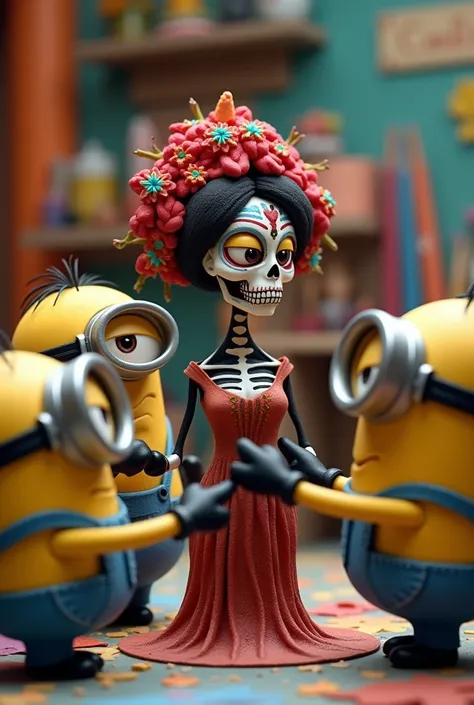 The Minions modeling Catrina in plasticine