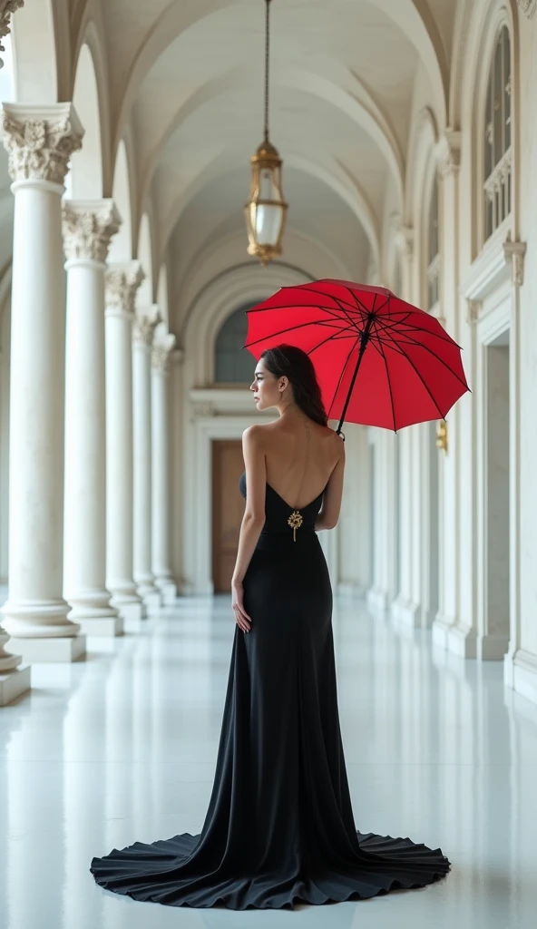 side view of a real beautiful woman in a WIDE long black dress down to her feet, live model, with a beautiful face and a perfect body, in a very wide, very high and very long white corridor with columns and a very high arched vault, while holding an open r...