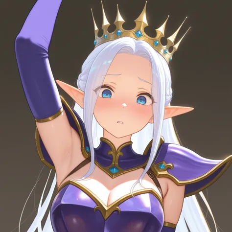 (masterprice, HDR, 2k, High Resolution) 1girl, Elf Girl, Elf Queen, White Shiny Hair, Purple Armor, arm up, Soft Expression, Digust Expression, perfect Hair, Simple background.