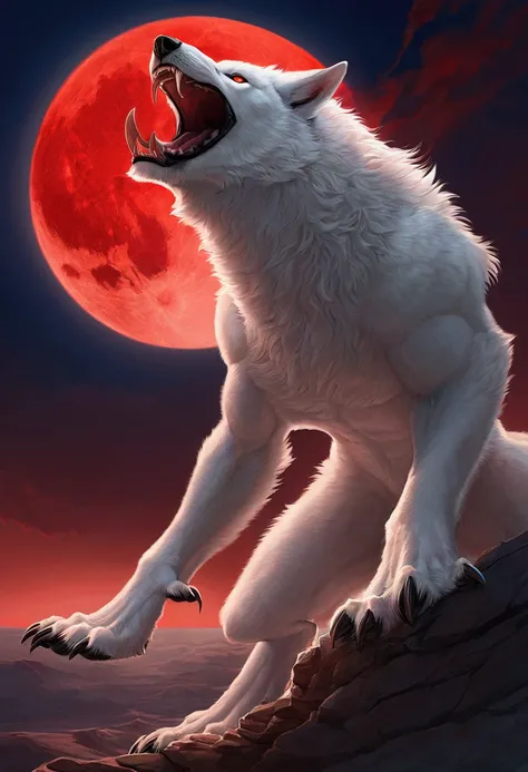 giant werewolf with beautiful pure white fur, roaring on cliff, sharp fangs, big mouth, sharp claws, clear skies, huge crimson moon, effective effects, bold and dynamic, contrasts of light and shadow, ultra detailed, absolutely resolution, masterpiece