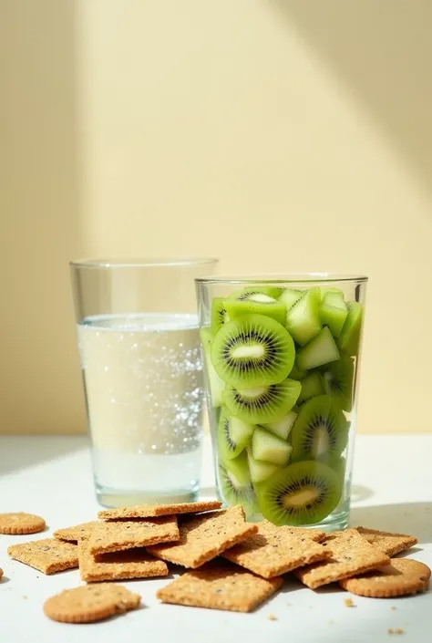  Make an image with whole wheat crackers, a cup with kiwis cut into squares and a glass of water but separated and that looks appetizing 