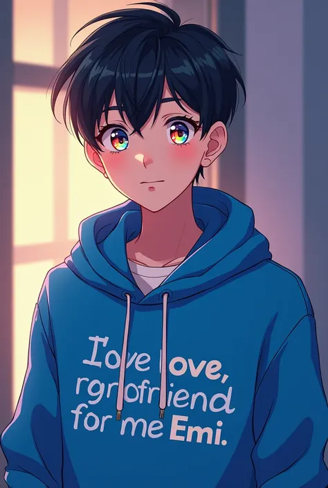 Make me an image an an young 18 year old anime black haired Asian boy (male) with rainbow eyes with an blue hoodie on which has an text on it that says i love my girlfriend Emi kissing her