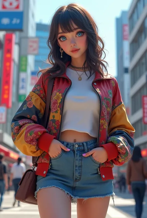 a stylish girl in bright daylight shibuya, beautiful detailed eyes, beautiful detailed lips, extremely detailed eyes and face, long eyelashes, T-shirt with colorful jacket, miniskirt, beautiful blue eyes, realistic idol, full body portrait, best quality, 4...