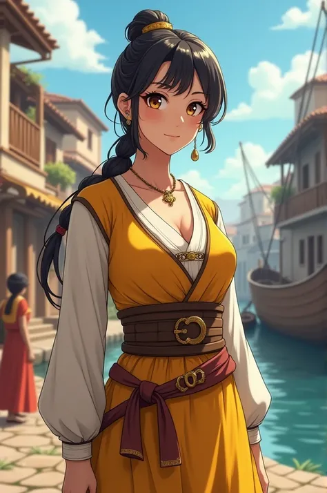  top quality,  Masterpiece,  highest resolution，（Fisherman Town_background），smug face，pirate_woman，Ancient Rome，yellow and white clothes， anime style, （4K）, Alone， ((whole body)) ，  looking at camera,  hyperdetail, ( intricate details ),