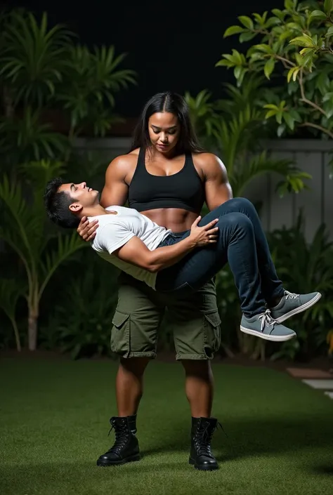 An Indonesian woman is wearing black short sleeved crop top, green low waisted short cargo pants, and black boots. The woman has a huge and muscular posture. A Korean man is wearing white t shirt, jeans, and grey sneakers. The man has a skinny posture. The...