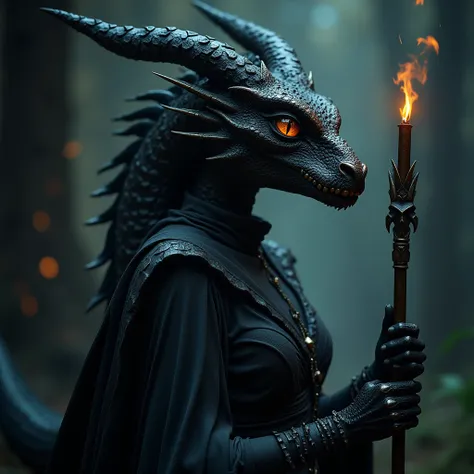 fantasy dragonborn woman sorcerer,medieval fantasy dress,detailed dragon face,beautiful intricate eyes,holding magic staff,mystical magical atmosphere,moody dramatic lighting,dark fantasy art,cinematic high quality,covered in black scales,8k,extremely deta...