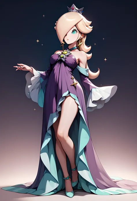 Rosalina, elegant purple dress, showing leg