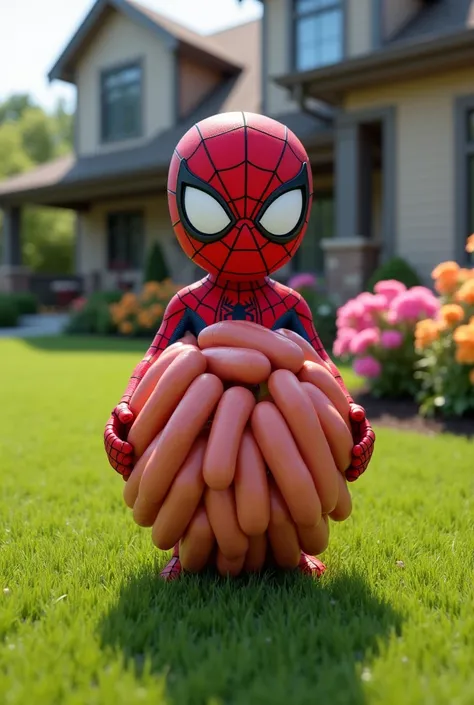 Spider-Man in a detailed semi-realistic style, standing on a lush green lawn in front of a modern suburban house, holding a perfectly round ball made entirely of sausages. The ball has a smooth, playful design with realistic textures. Bright daylight with ...